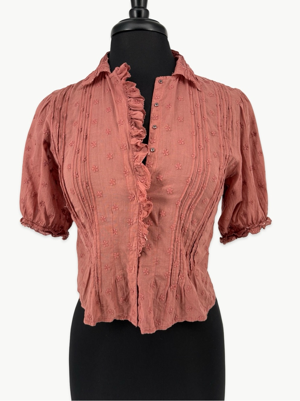 DÔEN Bird Top in Canyon Size Small Cotton Pintuck Ruffle Embroidered Blouse Rare - Picture 2 of 15